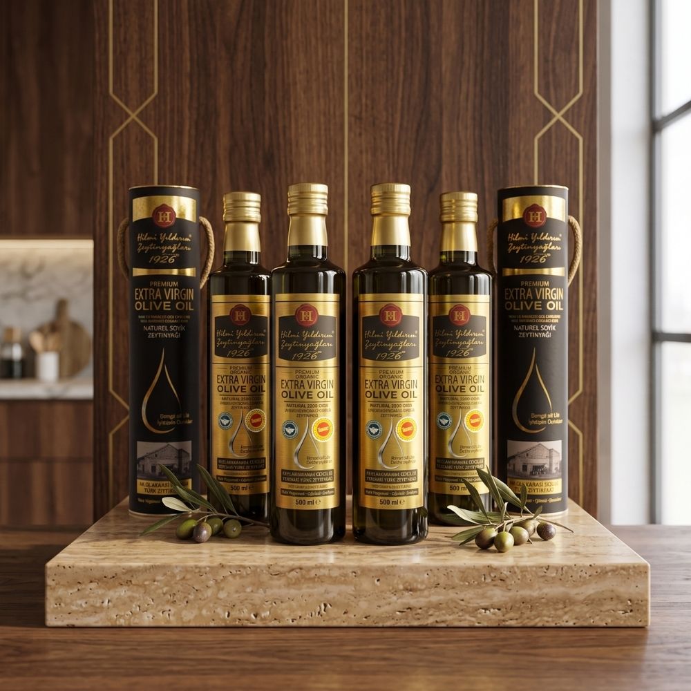 Hediyelik Avantaj Paketi - 4 Adet Hilmi Yıldırım Soğuk Sıkım Erken Hasat Organik Natürel Sızma Zeytinyağı 500 ml & Hediyelik Silindir Kutu